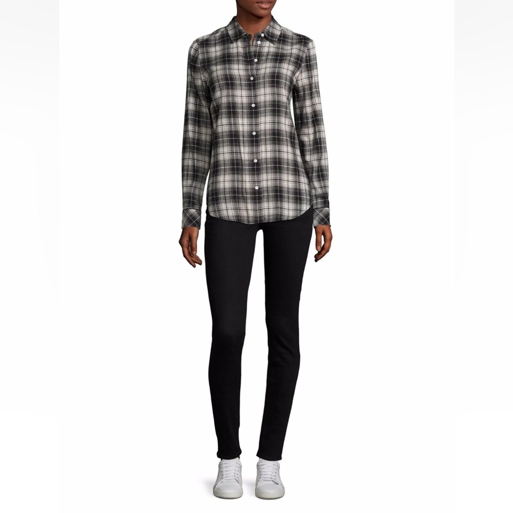 Elizabeth & James Womens Ivory Black Plaid Flannel Blouse Size L